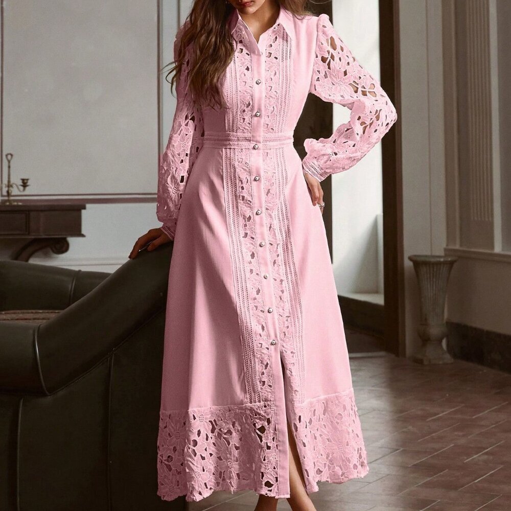 Pink Elegant Women's Hollow Lace Long Dress - Picture 6 of 7